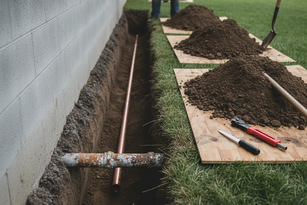 Excavated water line trench during Water Softener Installation in Braintree